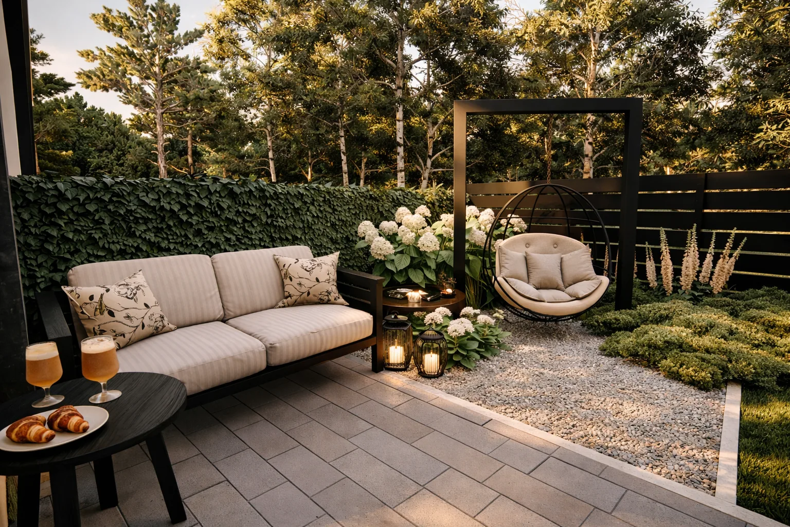 Kameralny narożnik ogrodu z&nbsp;zieloną ścianą z&nbsp;bluszczu, sofą, fotelem wiszącym i&nbsp;hortensjami.