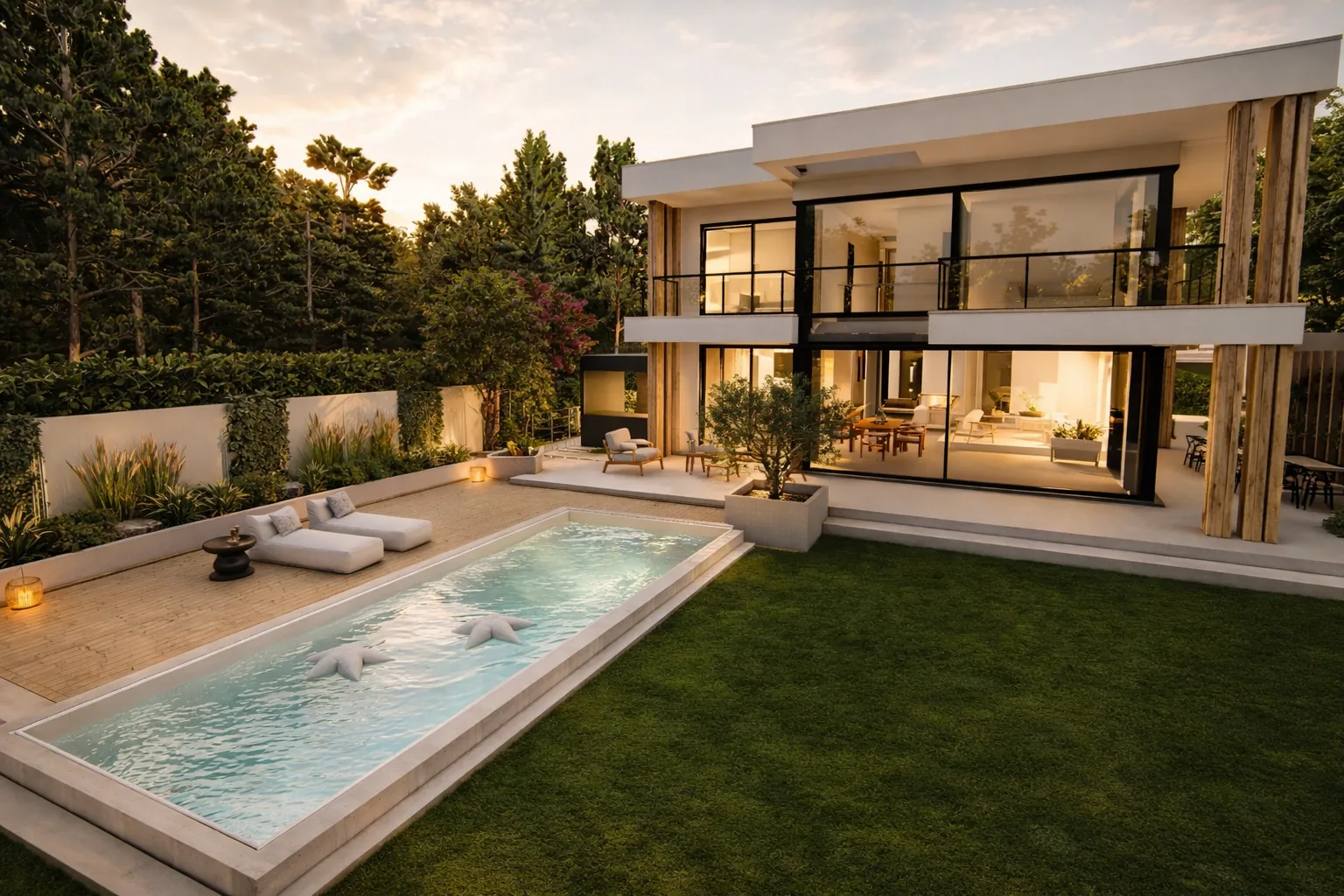 Nowoczesny dom z&nbsp;przeszkloną fasadą i&nbsp;prostokątnym basenem zewnętrznym o&nbsp;zmierzchu.