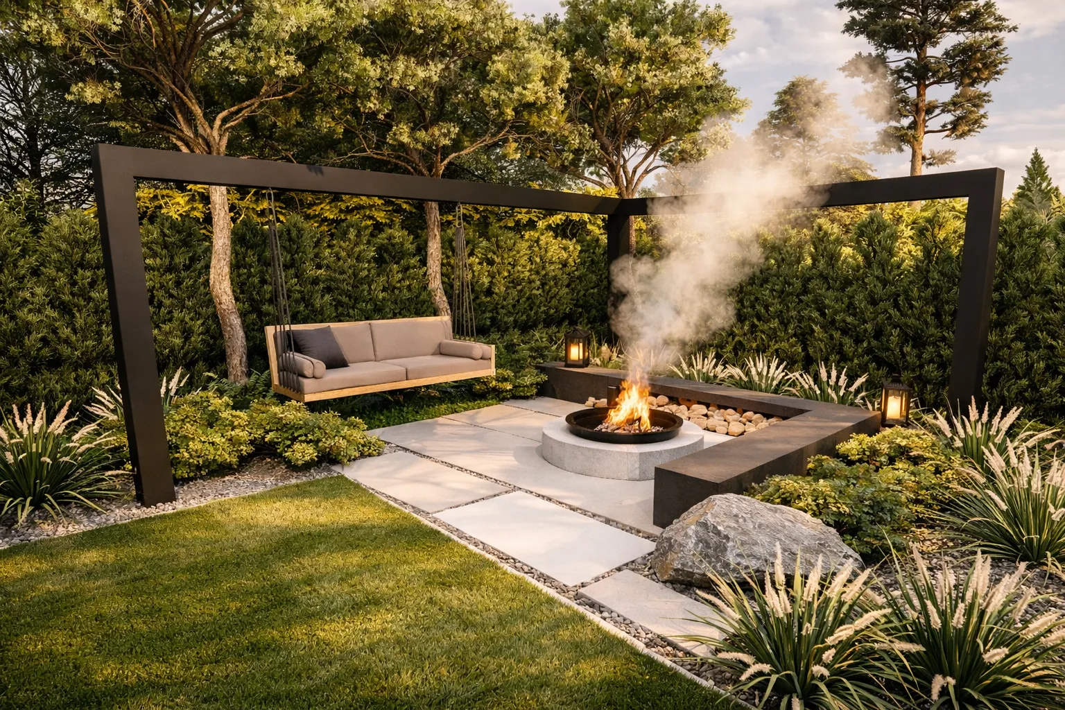 Czarna pergola z&nbsp;huśtawką i&nbsp;paleniskiem, otoczona zielenią i&nbsp;trawami.