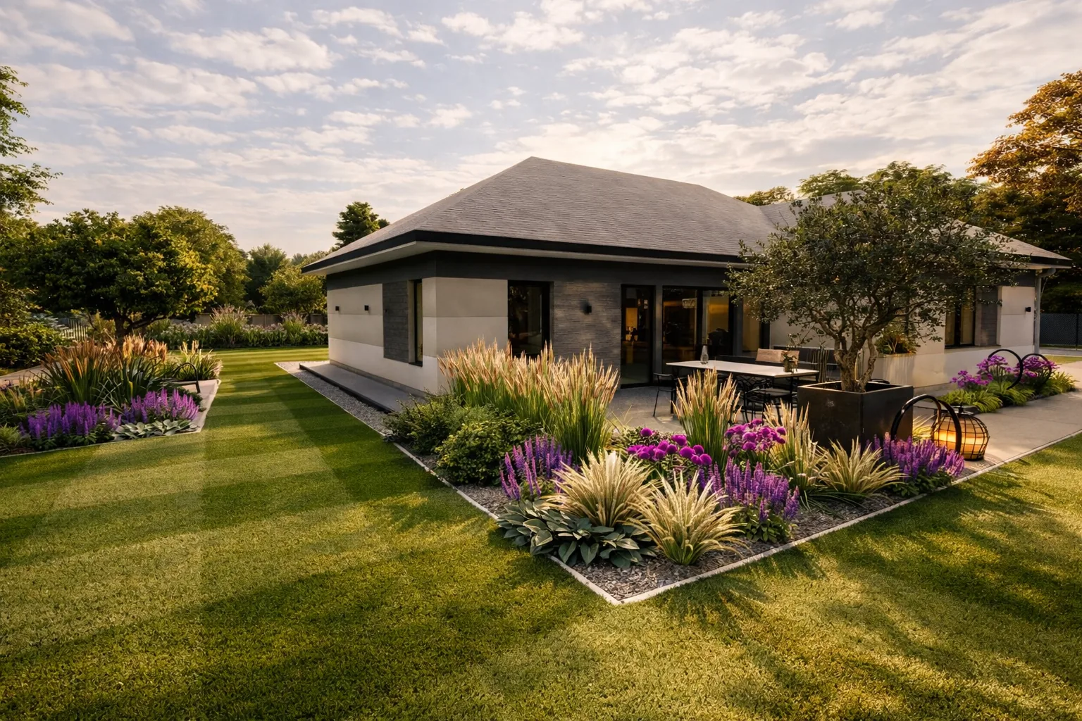 Narożnik domu obsadzony w&nbsp;stylu prerii — trawy, szałwia i&nbsp;pampas w&nbsp;rytmicznym układzie.