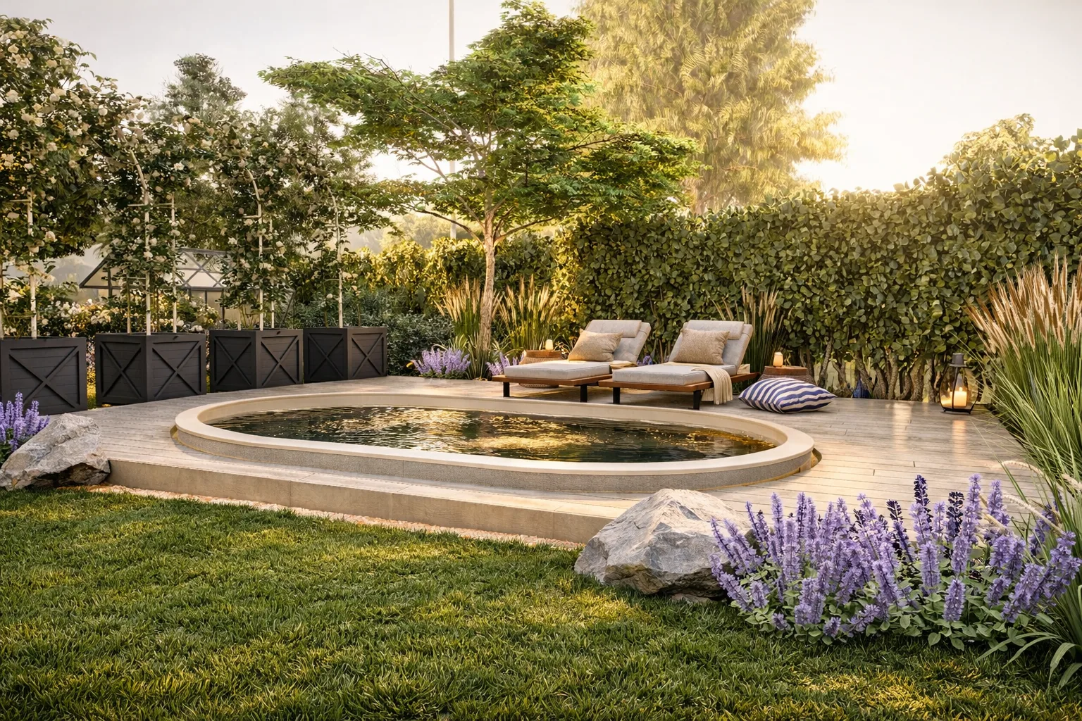 Zagłębiony basen o&nbsp;opływowym kształcie, dwa leżaki, lawenda i&nbsp;drzewo japońskie w&nbsp;złotym świetle.