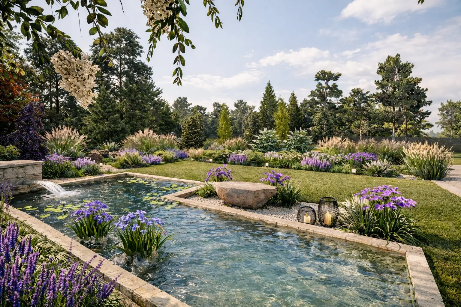 Ogród z&nbsp;prostokątnym basenem ozdobnym, irysami, trawami pampasowymi i&nbsp;kamiennym obramowaniem.